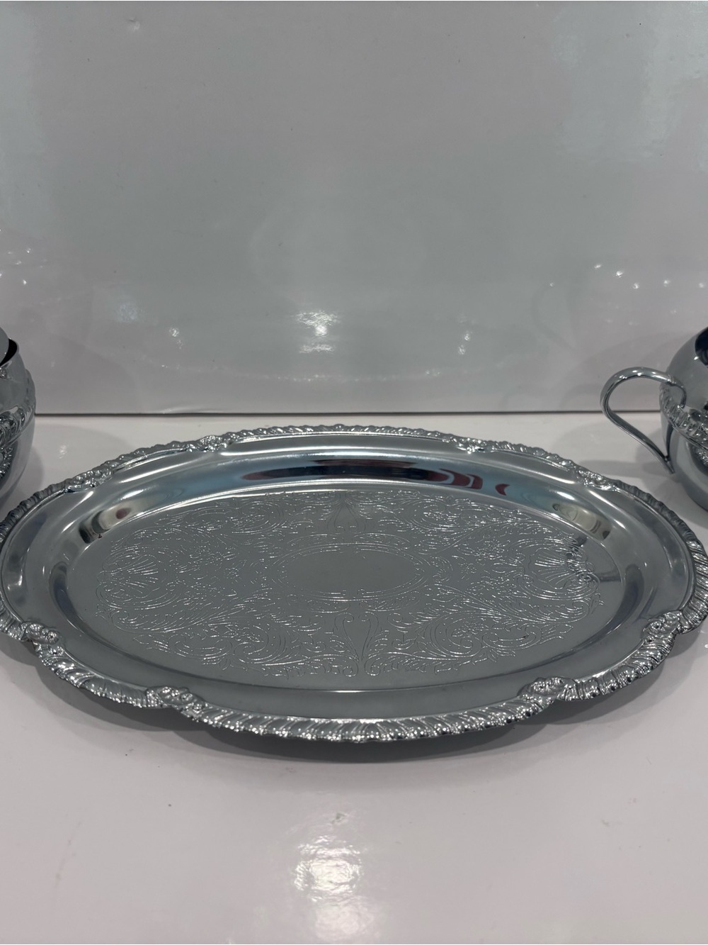 Vintage Silverplate Cream & Sugar Set with Ornate Serving Tray – Made in USA - Picture 2 of 10